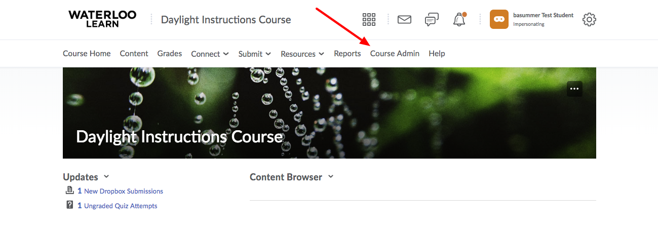 LEARN course homepage with arrow pointing at the Course Admin link in the course navbar
