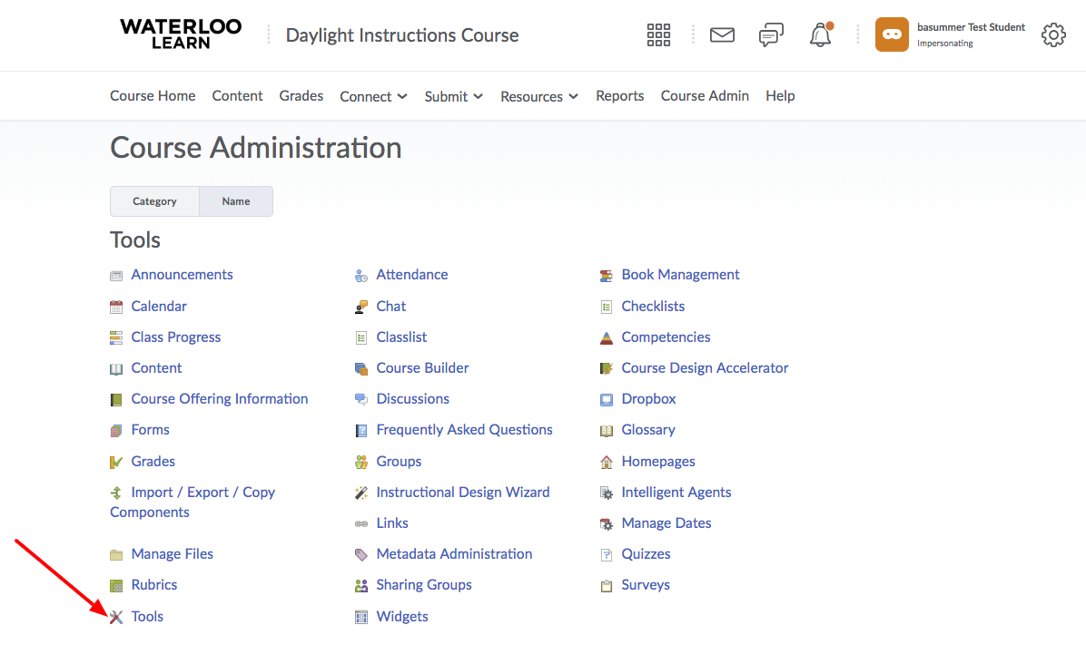 Course Admin page with an arrow pointing at Tools
