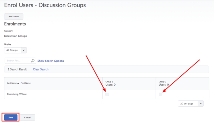 On Enrol User page, arrow pointing at the check boxes under Group 1 column and Group 2 column