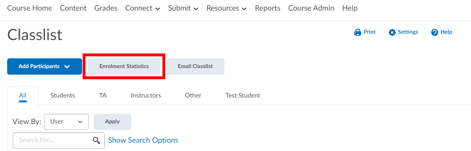 'Enrolment Statistics' button highlighted on Classlist page