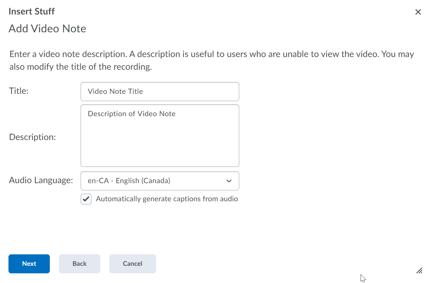Add Video Note details. Title field, Description Field, and Audio Language drop-down menu with en-CA - English (Canada) selected. 'Automatically generate captions from audio' check box selected