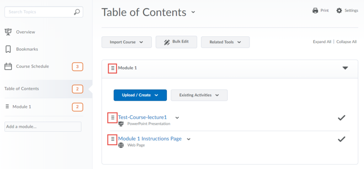 Three horizontal lines (Burger menu) highlighted beside Module title and Module topics.