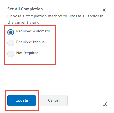 Set All Completion window with completion method options highlighted. Update button highlighted.