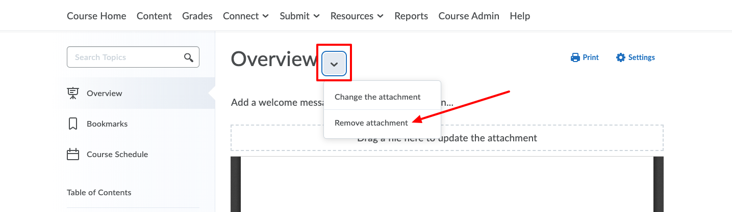 Down arrow beside Overview title highlighted and arrow pointing at 'Remove attachment' from drop-down menu.