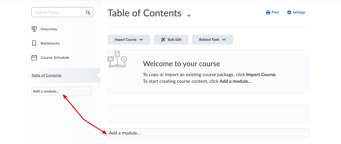 Arrows pointing at 'Add a module...' options on panel on the left and at the bottom of the Table of Contents page