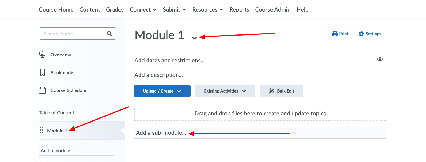 Module page open. Arrow pointing at Module title on the left panel. Arrow pointing at down arrow beside Module title. Arrow pointing at Add a sub module... option