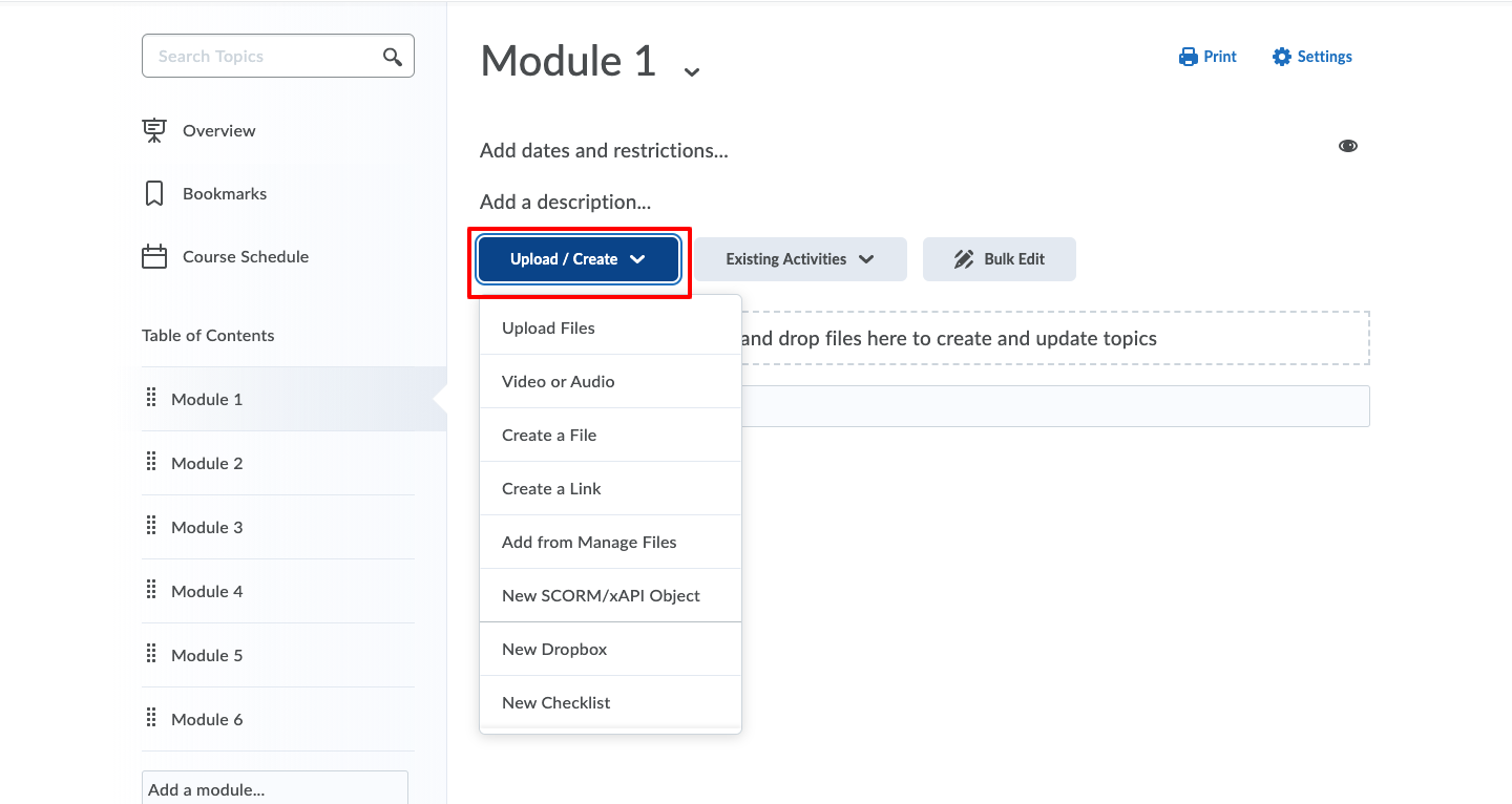 Module page with Upload Create button highlighted
