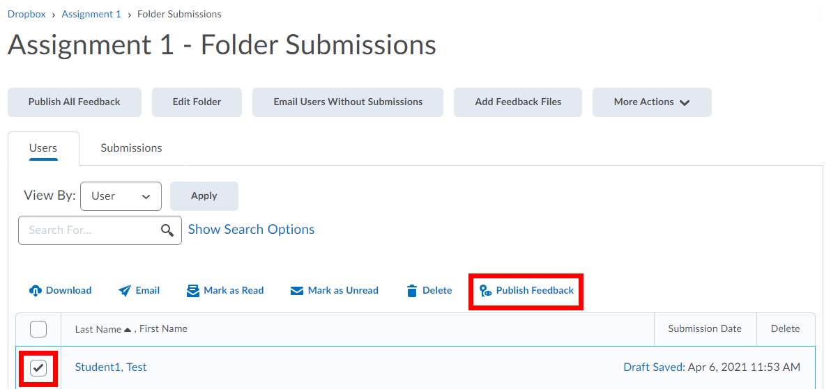 Checkbox beside students name highlighted. Publish Feedback option highlighted.