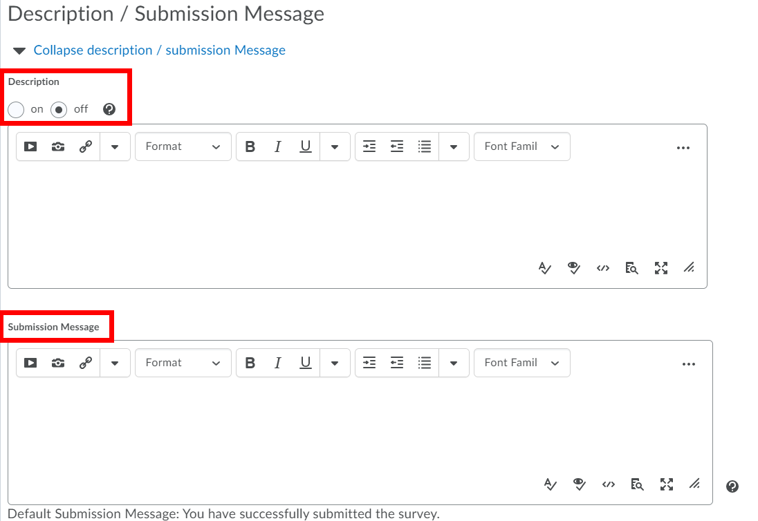 Description and Submission Message fields expanded and highlighted