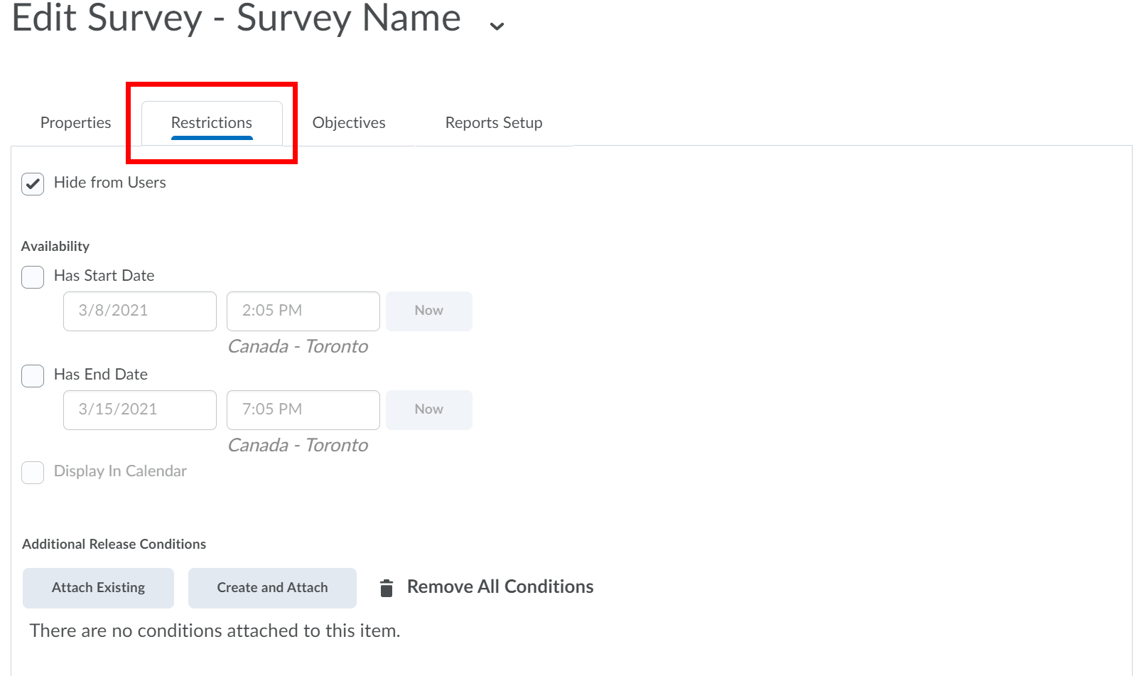 Edit Survey page on Restrictions tab.