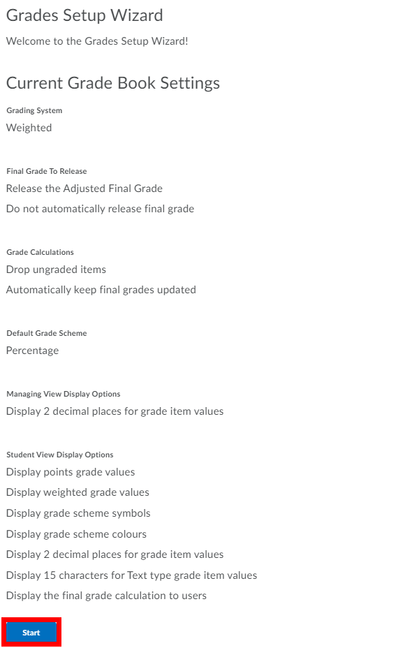 Start button on Grades Setup Wizard page highlighted