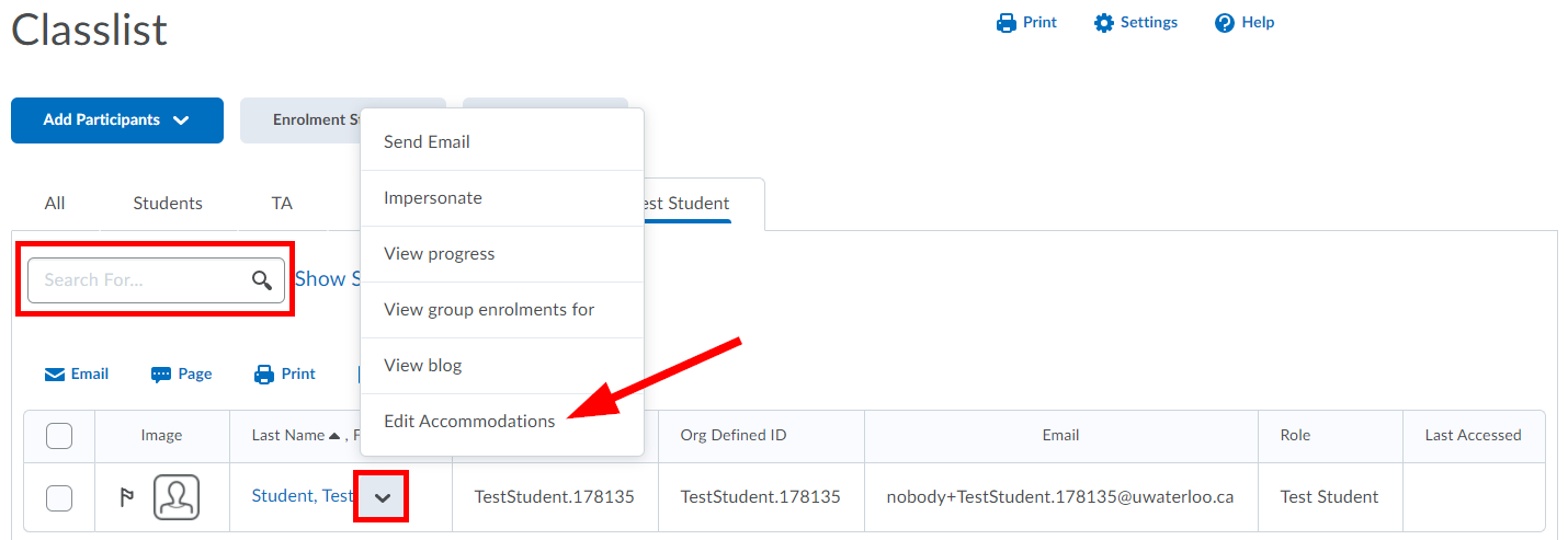 Down arrow beside students name highlighted. Arrow pointing at Edit Accommodations option. Search for bar highlighted.