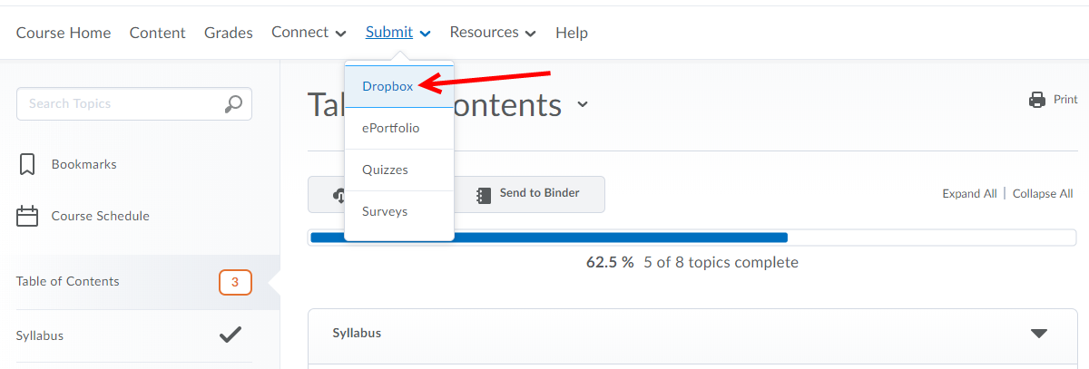 Arrow pointing at Dropbox from Submit menu.
