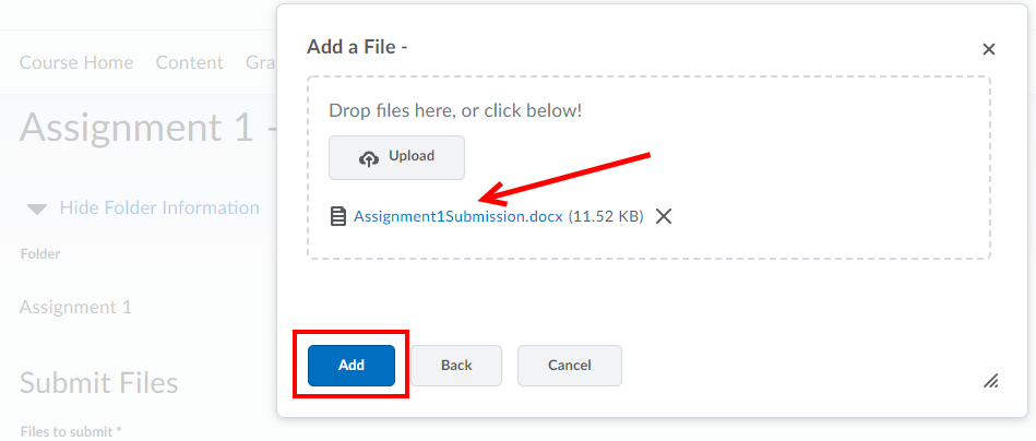 Arrow pointing at file submission and Add button highlighted.
