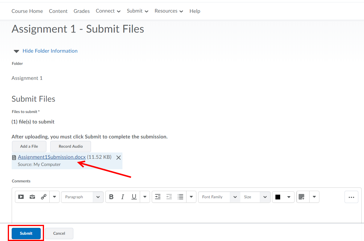 Arrow pointing at File under Files to submit. Submit button highlighted.