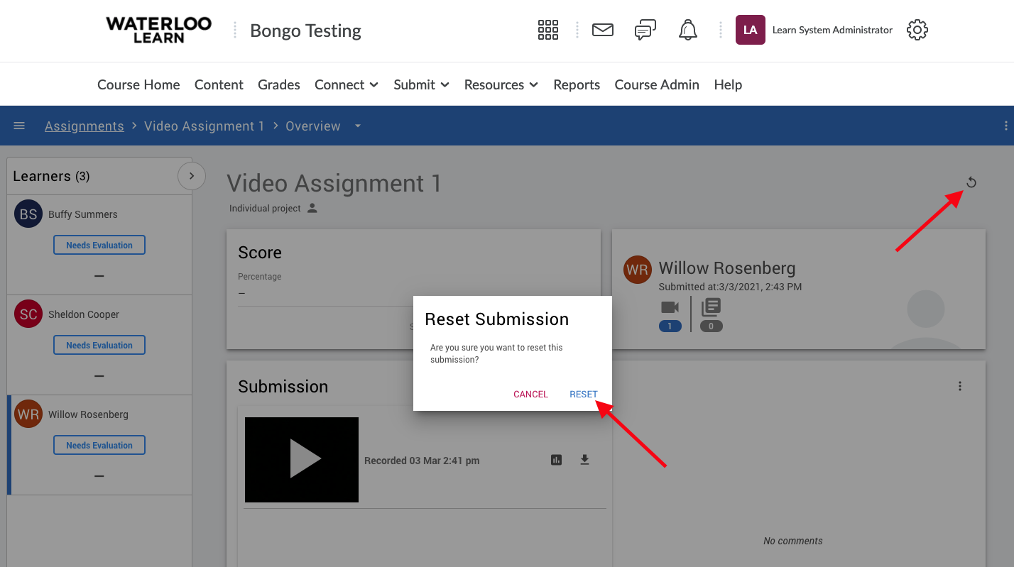 Screenshot indicating the two places on-screen to click to reset the submission.
