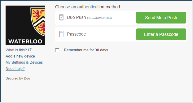 DUO Authentication page