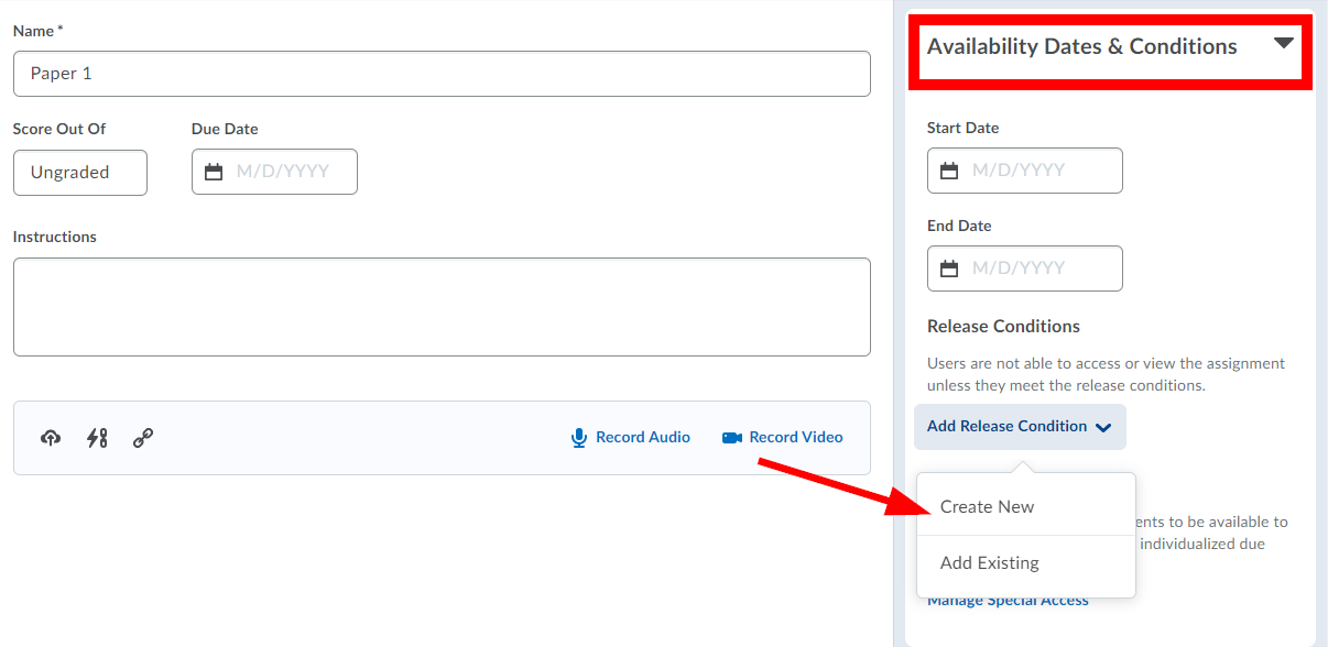 Availability Dates and Conditions highlighted. Arrow pointing at Create New option.