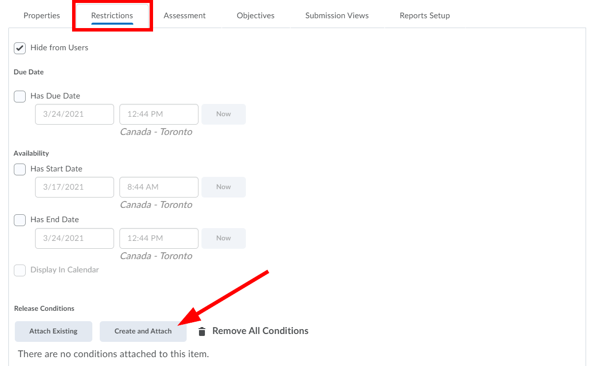 Restrictions tab highlighted. Arrow pointing at Create and Attach button.
