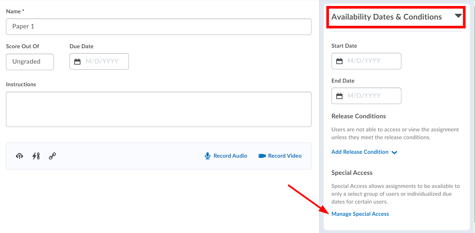 Availability Dates and Conditions Highlighted with an arrow pointing at Manage Special Access link
