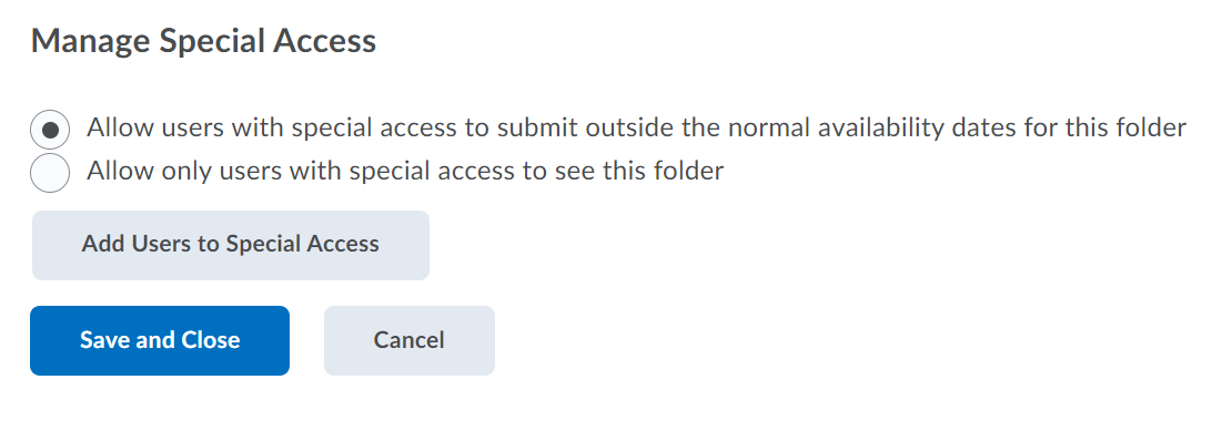 Manage Special Access window