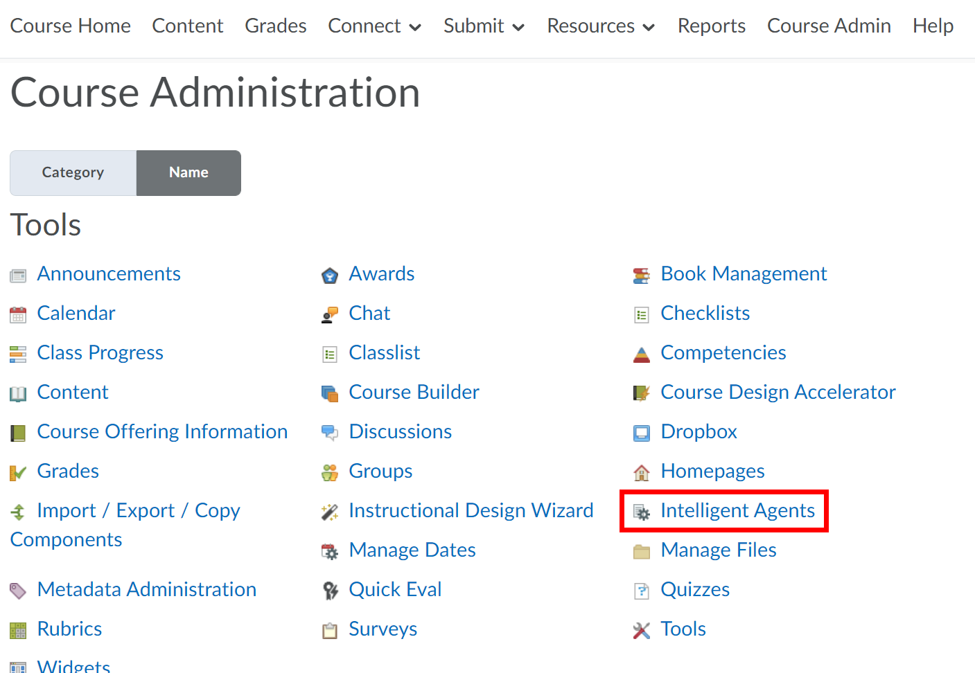Course Admin page with Intelligent Agents highlighted