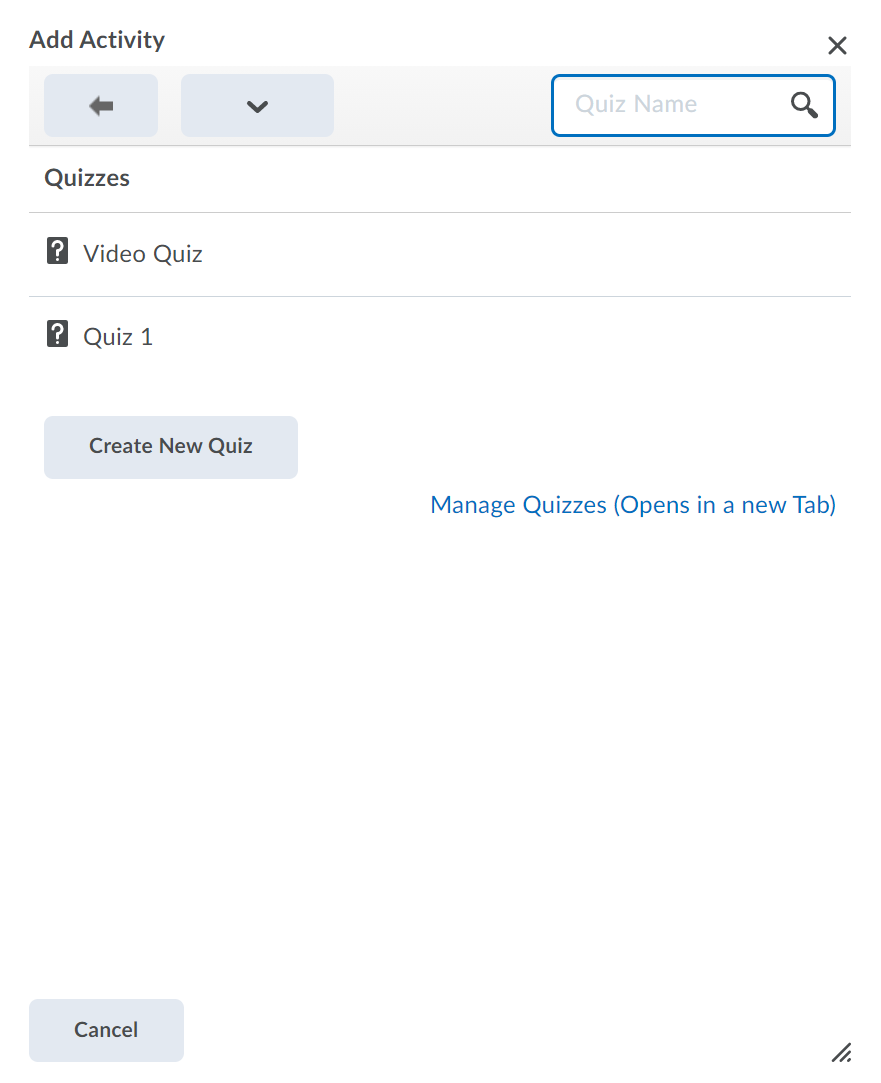 Add Activity window with Quizzes being displayed