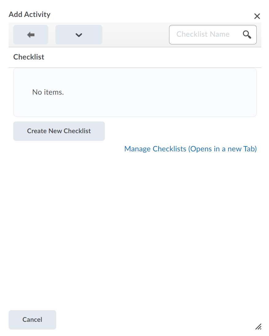 Add activity window with no checklists being displayed highlighting option to 'Create New Checklist'