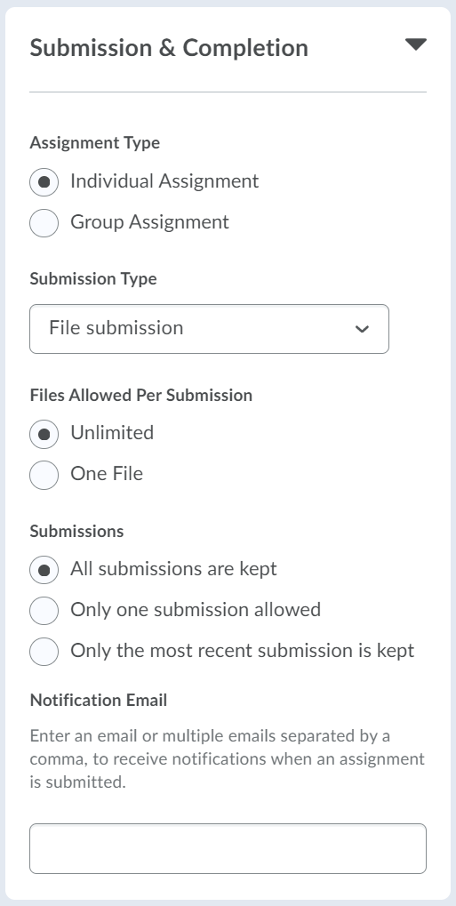 Submission and Completion panel with default settings