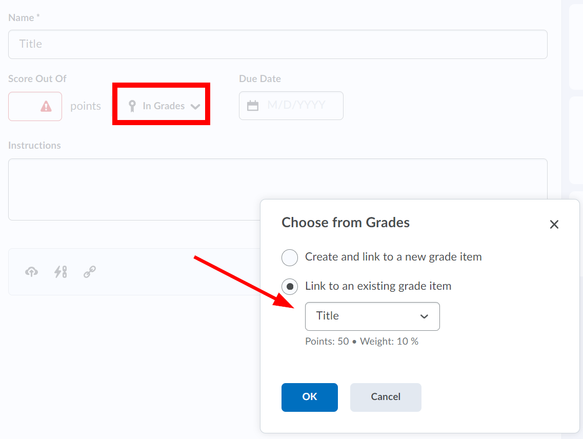 In Choose from Grades window, Link to an existing item selected and an arrow pointing at the drop-down list