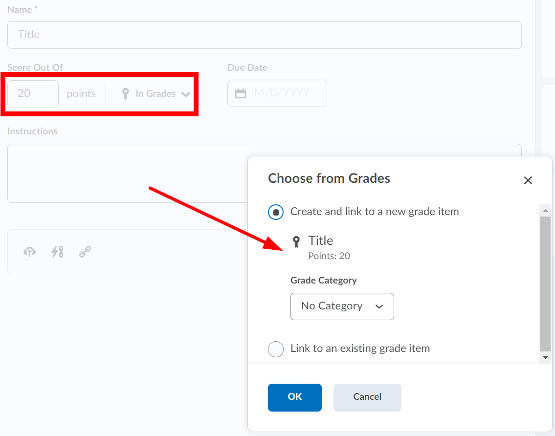 In Choose from grades window, 'Create and link to a new grade item' option selected and arrow pointing at 'Grade Category' drop-down list.