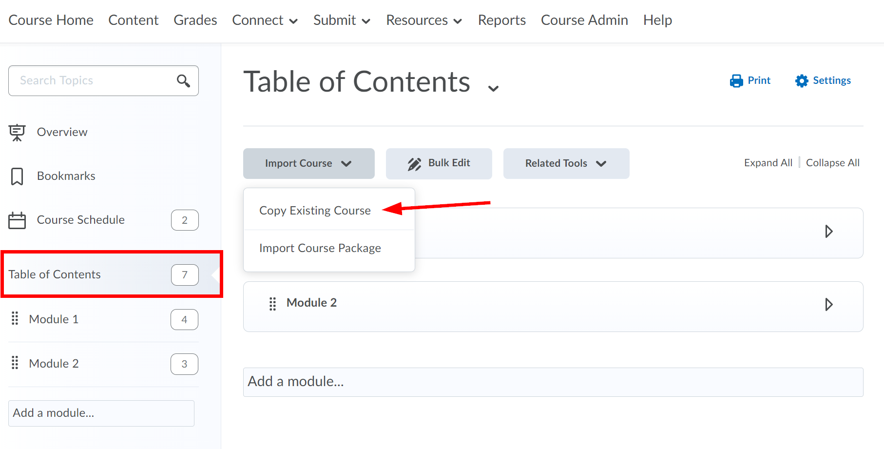 Table of Contents highlighted and arrow pointing at 'Copy Existing Course' from Import Course drop-down menu