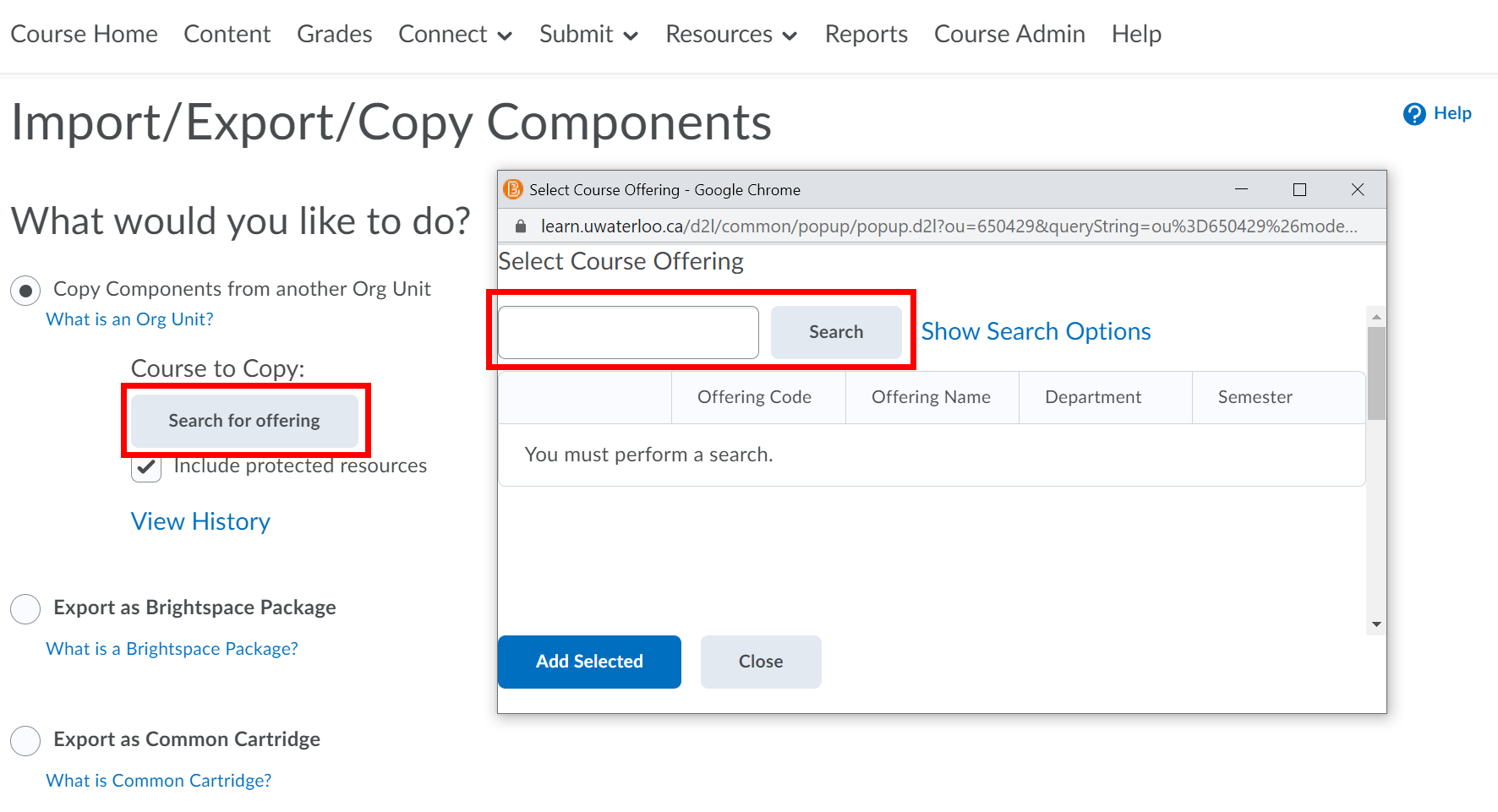 Search for offering button highlighted on Import Export Copy Components. Select Course Offering window with the Search bar highlighted.