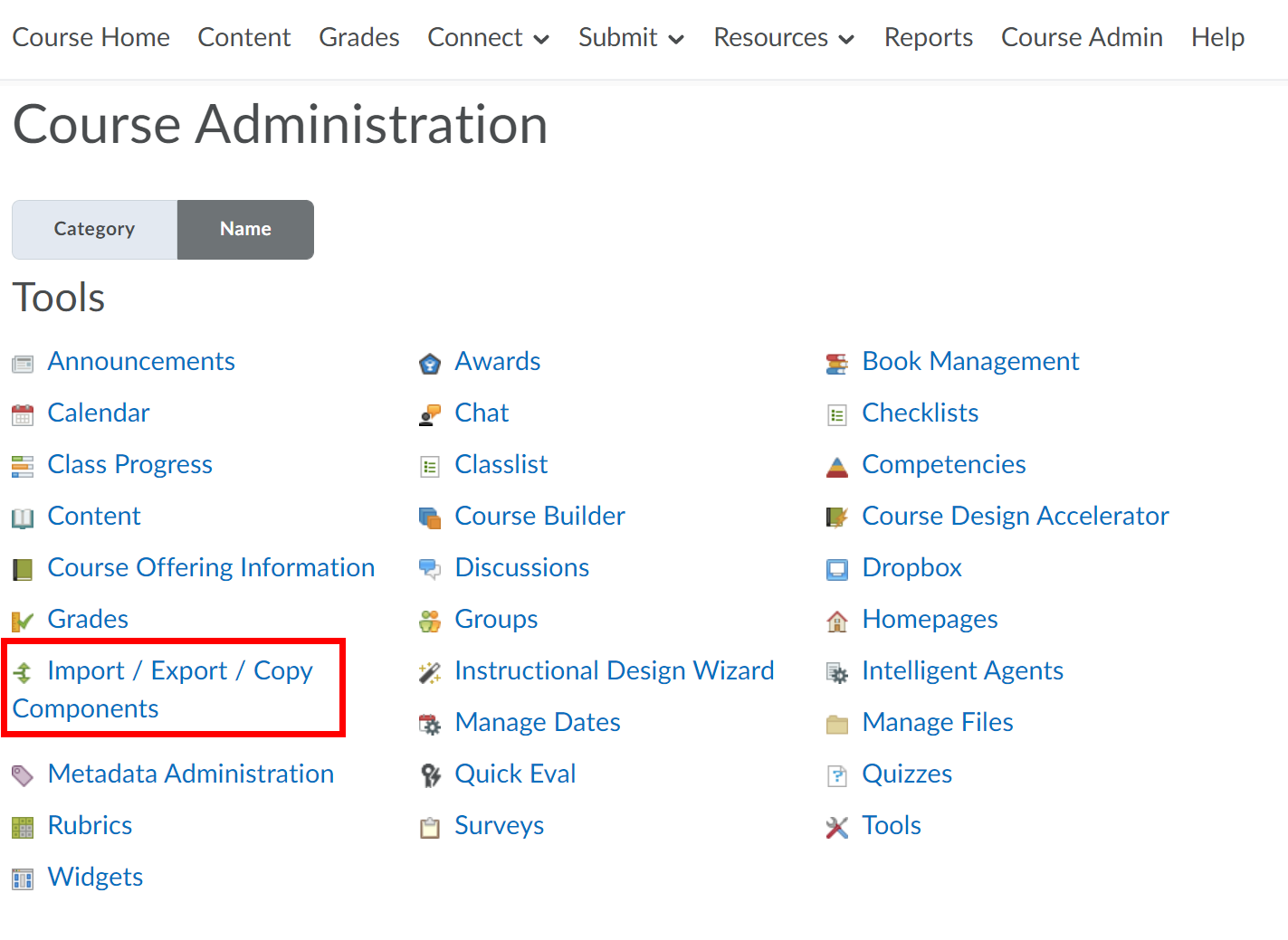 Import, Export, Copy Components Tool highlighted from Course Admin page.
