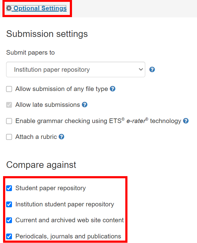 Turnitin Optional Settings with all compare against options selected and highlighted