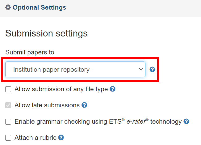 'Institution paper repository' selected from the Submit papers to drop-down menu in Turnitin Optional Settings