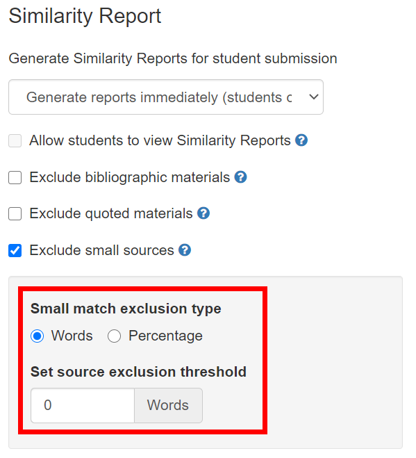 'Exclude small sources' selected with 'Small match exclusion type' highlighted