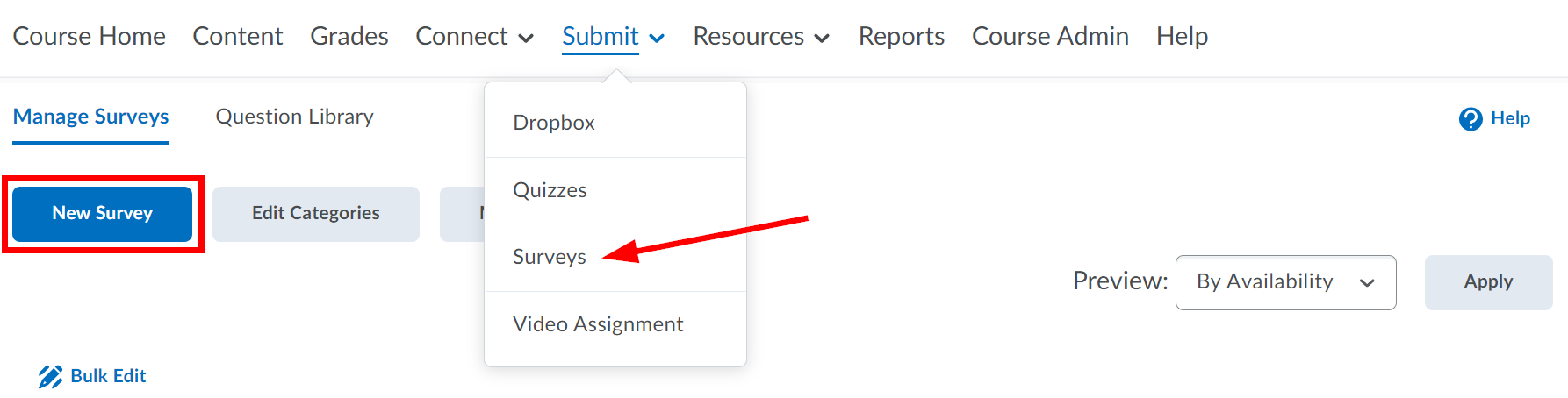 Arrow pointing at Surveys from Submit drop-down menu. New Survey button highlighted.