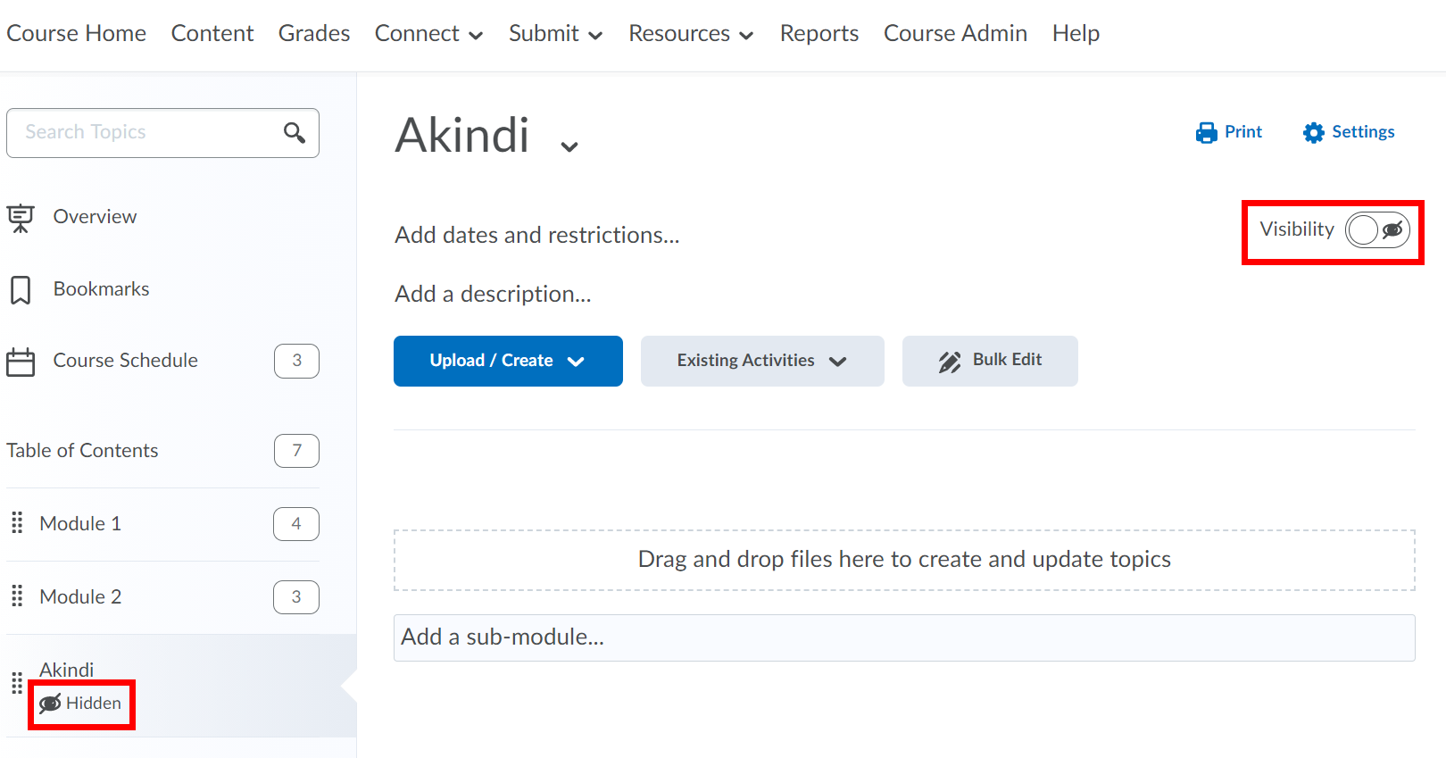 Akindi module with the visibility set to hidden and highlighted.