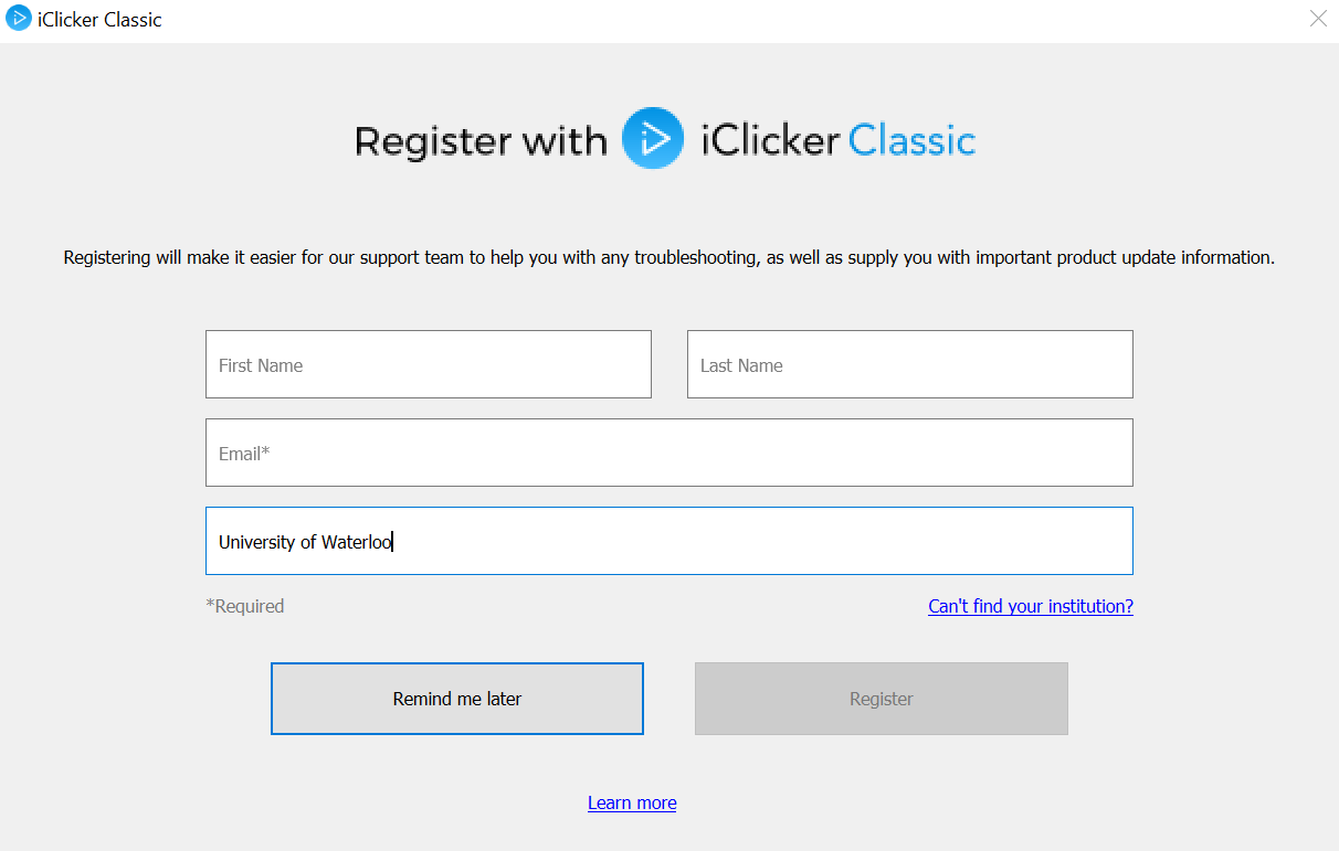 Register with iClicker classoc window