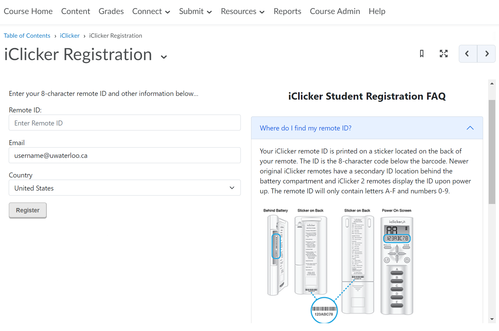 iClicker registration page