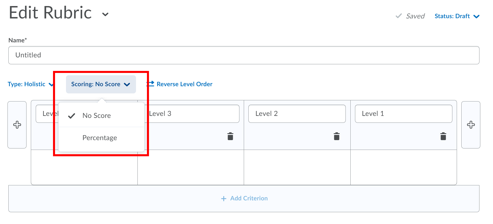 Edit rubric with scoring drop-down menu highlighted