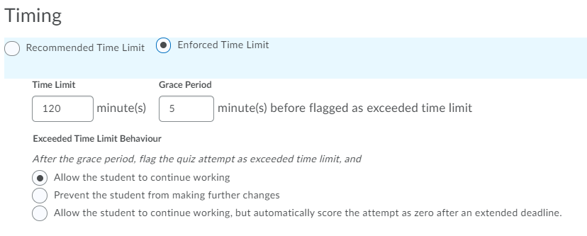 Timing options with Enforced Time Limit option selected.