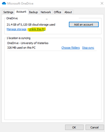 Microsoft OneDrive window, account tab