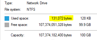 Network drive properties, used space value of 131072 bytes highlighted