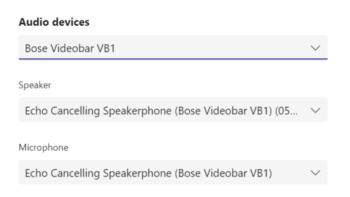 Screenshot of Teams Audio device settings with Videobar VB1 as the device