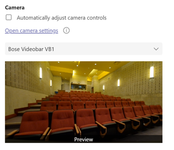 Screenshot of Teams video device settings with Videobar VB1 as the device