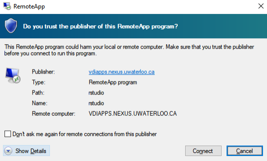 Do you trust the publisher of this RemoteApp program message window, show details